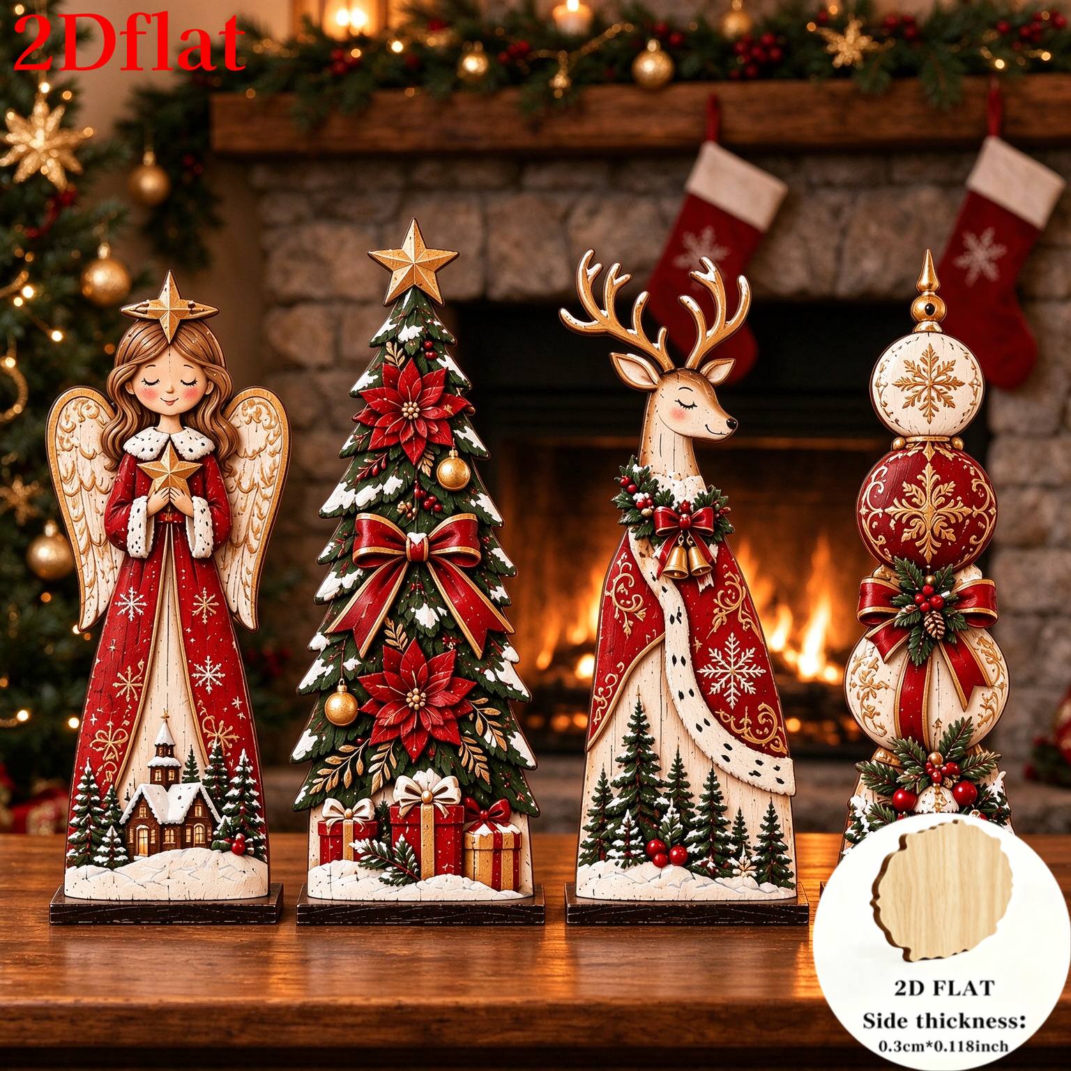 TEMU 2d Flat, 4pcs Christmas Wooden Flat Ornament Set, Including , Christmas Tree, Reindeer, And Christmas Ball Designs. Perfect For A Festive