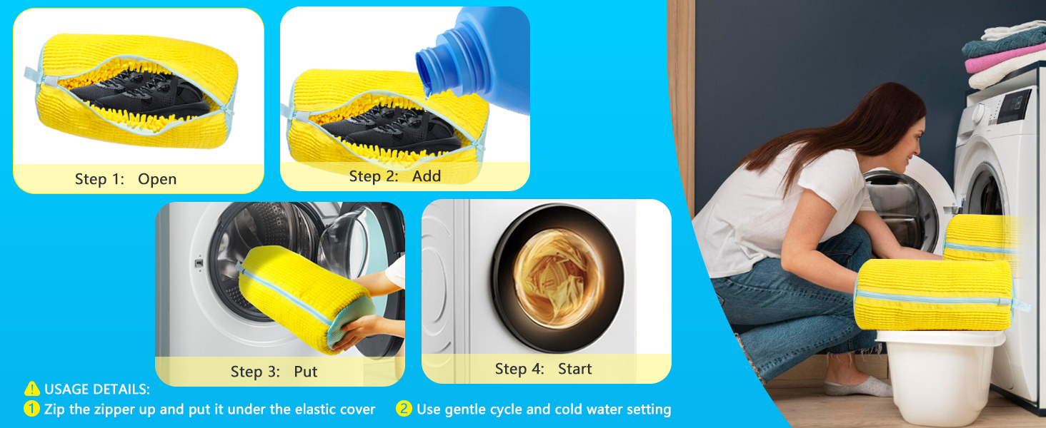 Durable Shoe Washing Machine Bag for All Shoe Types - Yellow with Blue Zipper, Protective Laundry Bag with Rich Fluff Interior, Ideal for Sneakers and Casual Shoes, Laundry Wash Bag, Laundry Bags