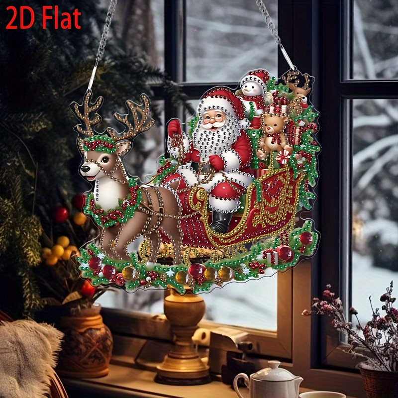 Image of 2d Flat Diy Acrylic Diamond Painting Kit - Santa Claus And Reindeer Irregular Shape Handmade Diamond Design, Decor, Unique Gift For Christmas, Birthday, Halloween, 2d Flat 7.5×6.8 Inches, 2d Flat