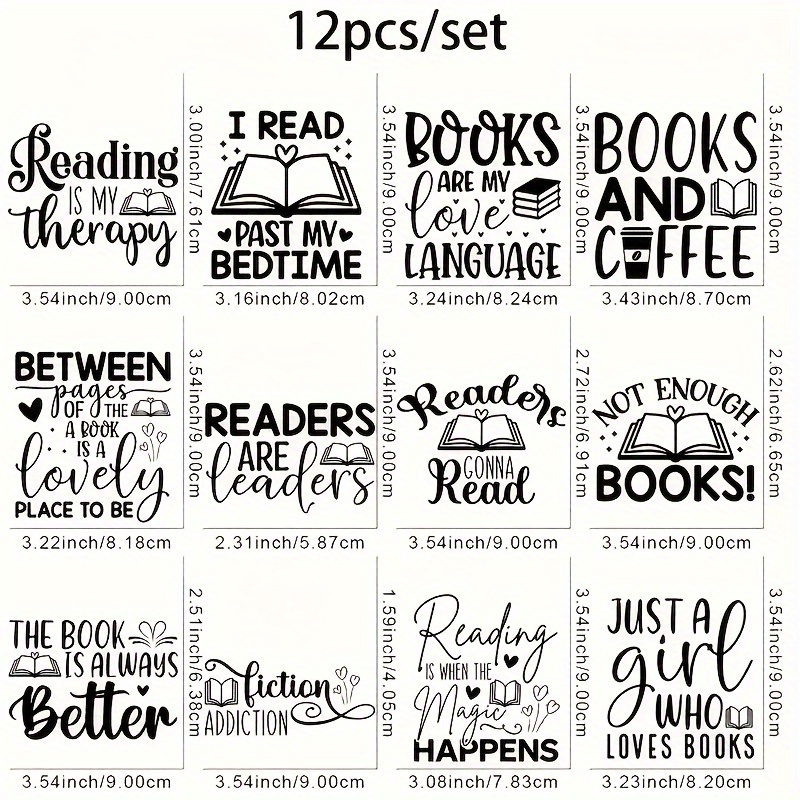 TEMU 12pcs Diy Vinyl Transfer Stickers For Book Lovers - Mixed Color Book-themed Phrases, Durable Decals For Laptops, Water Bottles, Notebooks -
