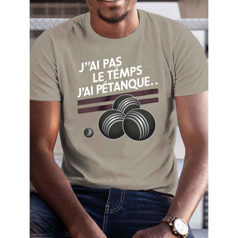 

T-shirt décontracté à col rond pour homme avec motif PETANQUE, tissu tricoté % polyester, légèrement extensible, coupe standard, t-shirt d'été à manches courtes - 150 g/m²