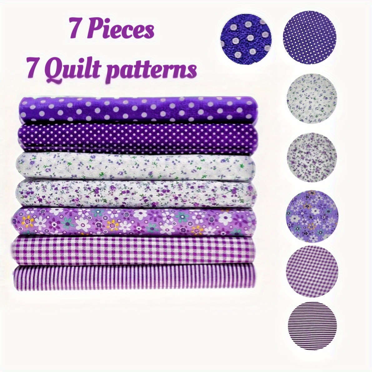 Image of Purple-themed Set Of 7pcs, 19.7 Inches X 19.7 Inches (50x50 Cm) Cotton Floral Polka Dot Assorted Pre-cut Quarter Bundle - Machine Washable Cotton Fabric Suitable For Sewing, Quilting, And .