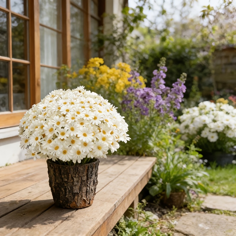 Image of 22 Bunches Of Stems Artificial White Daisies, Outdoor Uv Resistant Non-fading Green Shrubs Indoor Outdoor Hanging Planters Home Wedding Garden Porch Decor