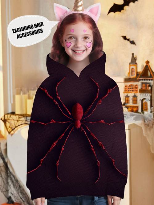Girls' Spider Graphic Hoodie with Pink Cat Ears & Heart-Shaped Glasses - All-Season Machine Washable Casual Sweatshirt for Halloween, Birthdays & Outdoor Activities