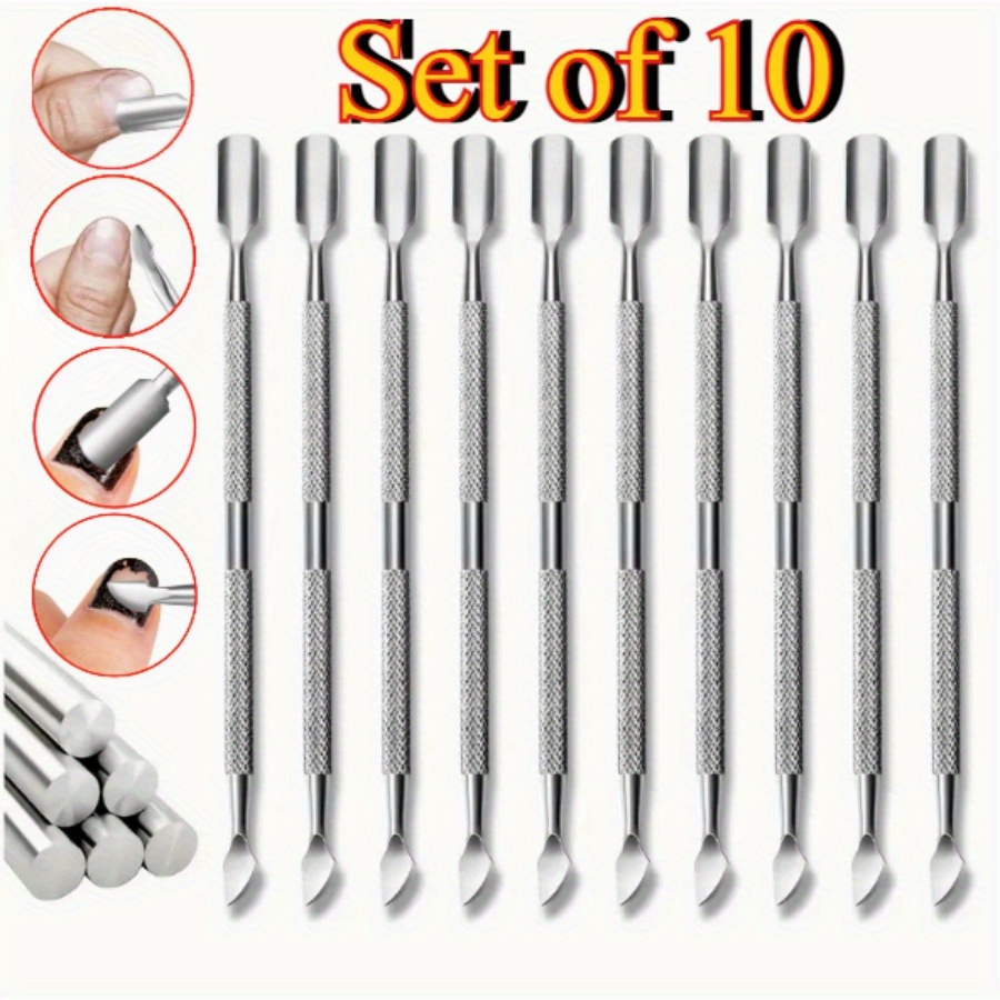 10pcs Stainless Steel Cuticle Set - Double-ended With And Textured Grips, Silvery Handles, Ideal For Gel Removal And Nail Care, Perfect For