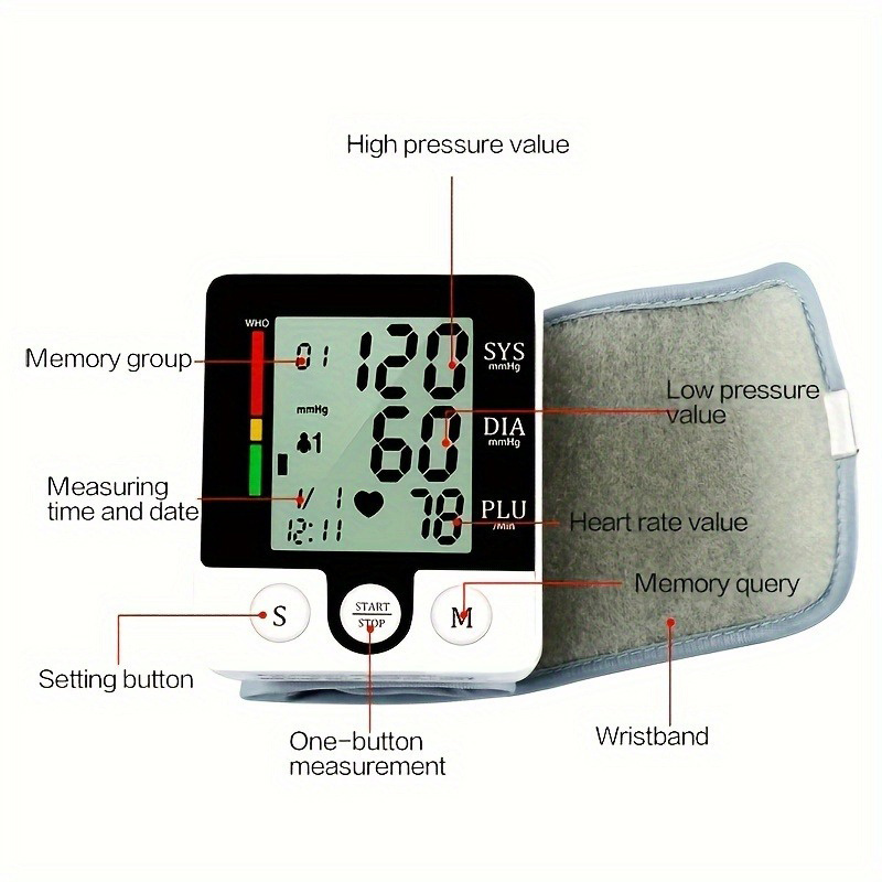 1pc   kun wrist   automatic wrist bp monitor blood pressure cuff for home use adjustable cuffs for adult electronic digital large lcd display with battery and carrying case Product details 2