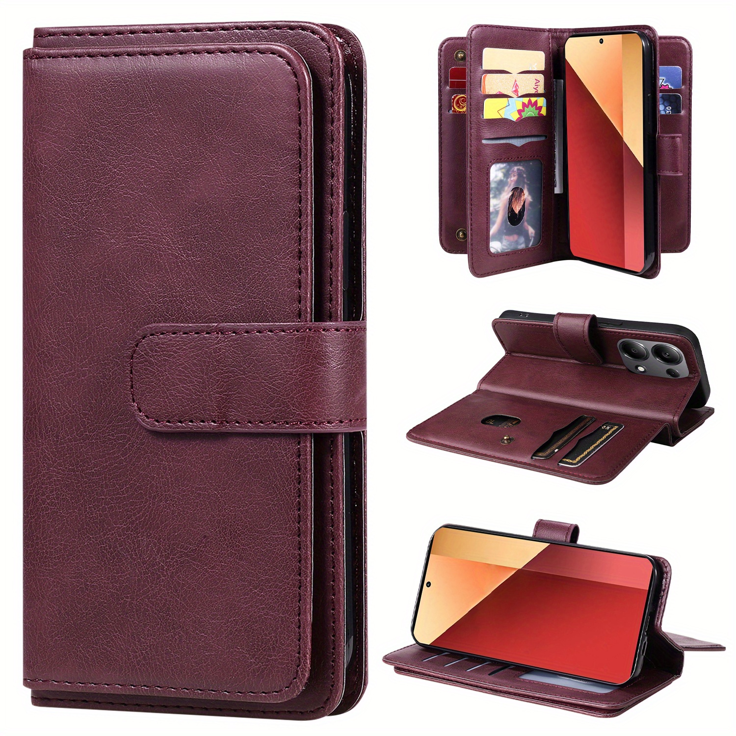 TEMU Phone Case - Burgundy 10-card Multi-functional Wallet Case Business Men's Easy Women's Bifold Faux Leather Flip Cover Phone Case Protector With
