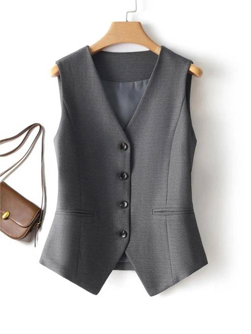 chaleco de traje para mujer con botones, bolsillo, cuello y color liso, elegante chaleco sin para , y negocios, ropa de y otoño para mujer, de negocios