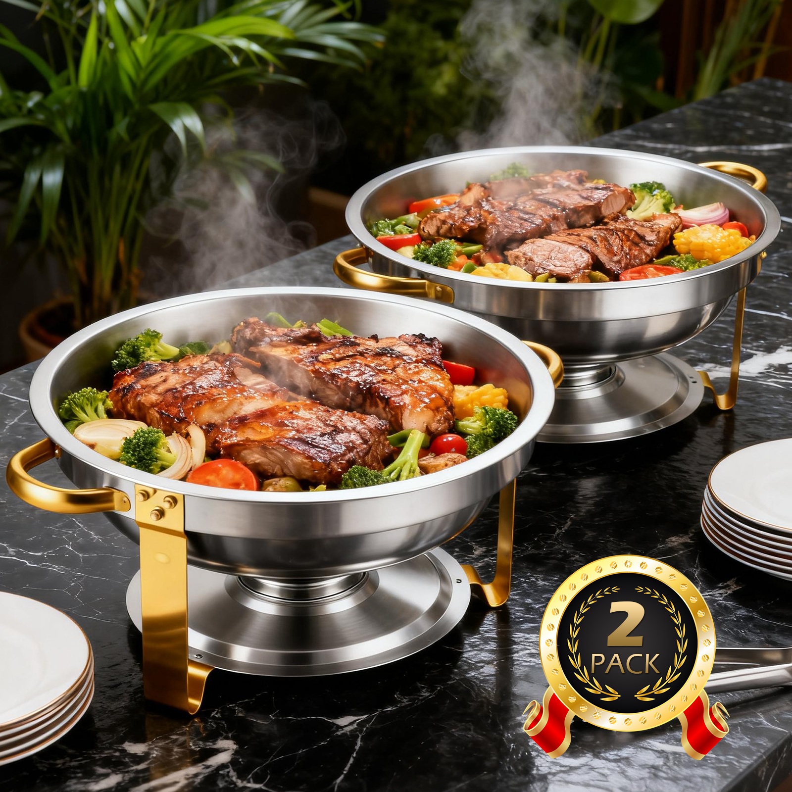 TEMU Chafing Dishes For Buffet, 2/4 Pack 6qt Round Stainless Steel Chafing Dish Set For Home Parties, Christmas , Catering Events Complete Buffet