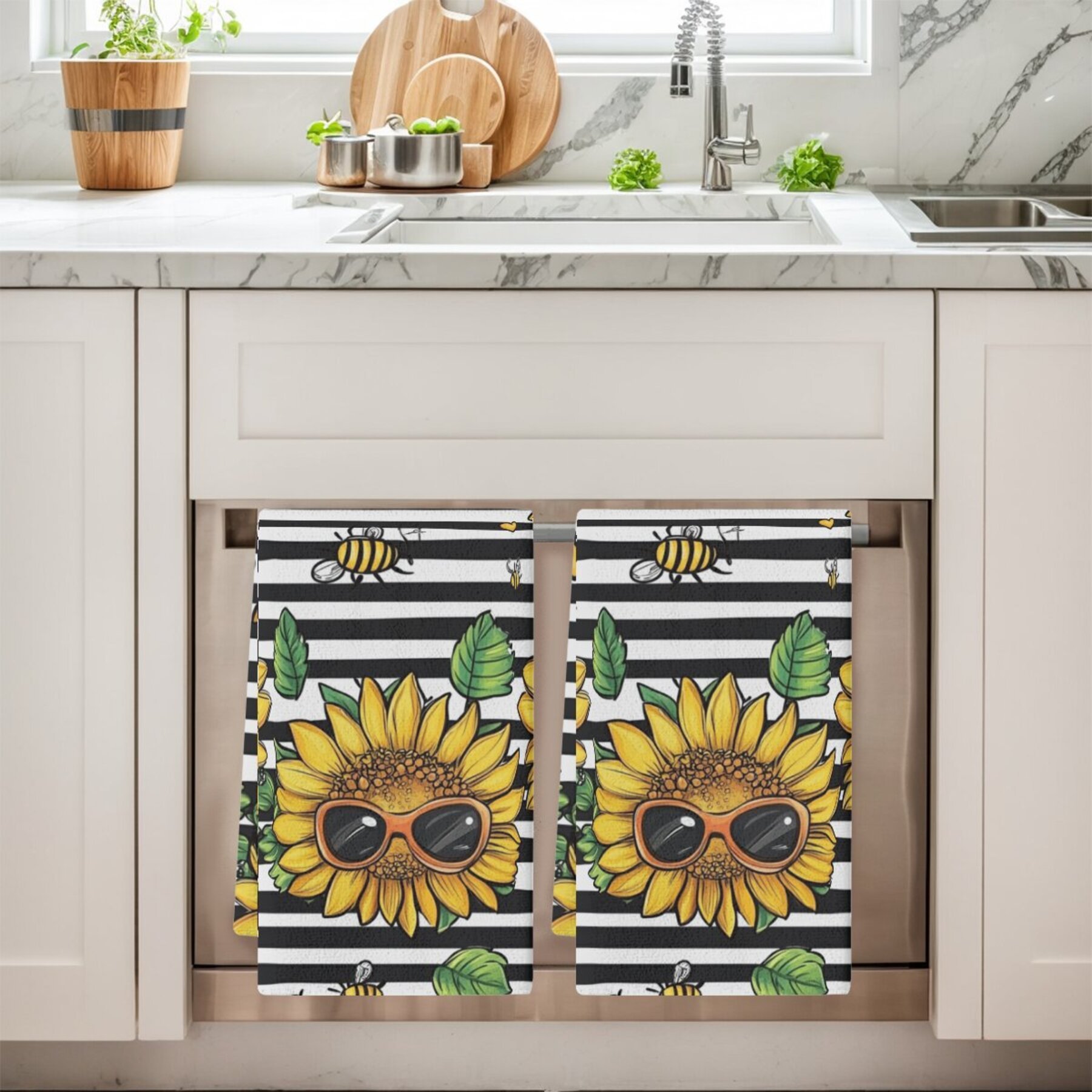 2pcs modern sunflower patterned polyester dish cloths, woven oblong hand wash only kitchen towels with floral theme, dish towels for kitchen details 3