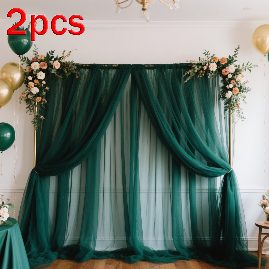 TEMU Ensemble de 2 rideaux en tulle vert foncé pour décorations d'Halloween et de Noël, tissu de qualité supérieure, polyvalent et durable, facile à