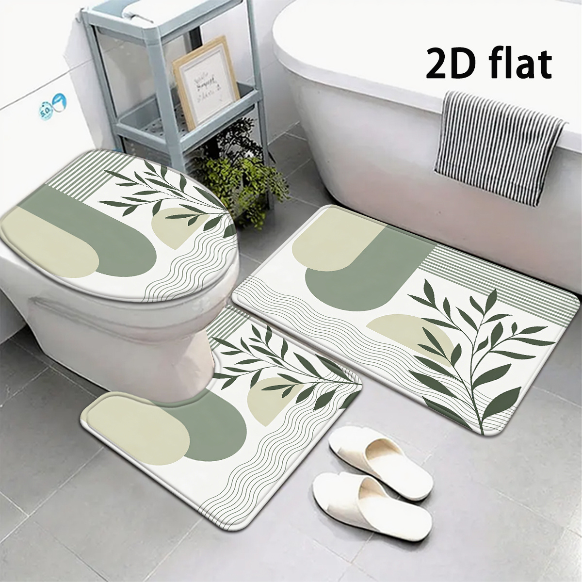 TEMU 2d Flat, 2d Flat, 2d Flat Printing 3pcs Green Leaf Abstract Geometric Bathroom Mat Nordic Minimalist Style Bathroom Mat Set Toilet Lid Cover And