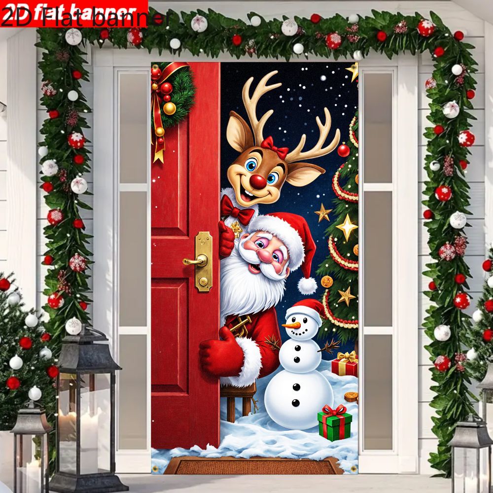 TEMU 2d Flat, 2d Flat - 2d Door Banner 2d Flat, 2d Flat - 2d Door Banner 2d Flat Banner 1pc, Banner, Christmas Scene Decoration, Red Door, Reindeer,