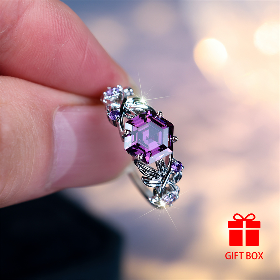Hexagonal Purple Cubic Zirconia Ring, Durable & Sparkling