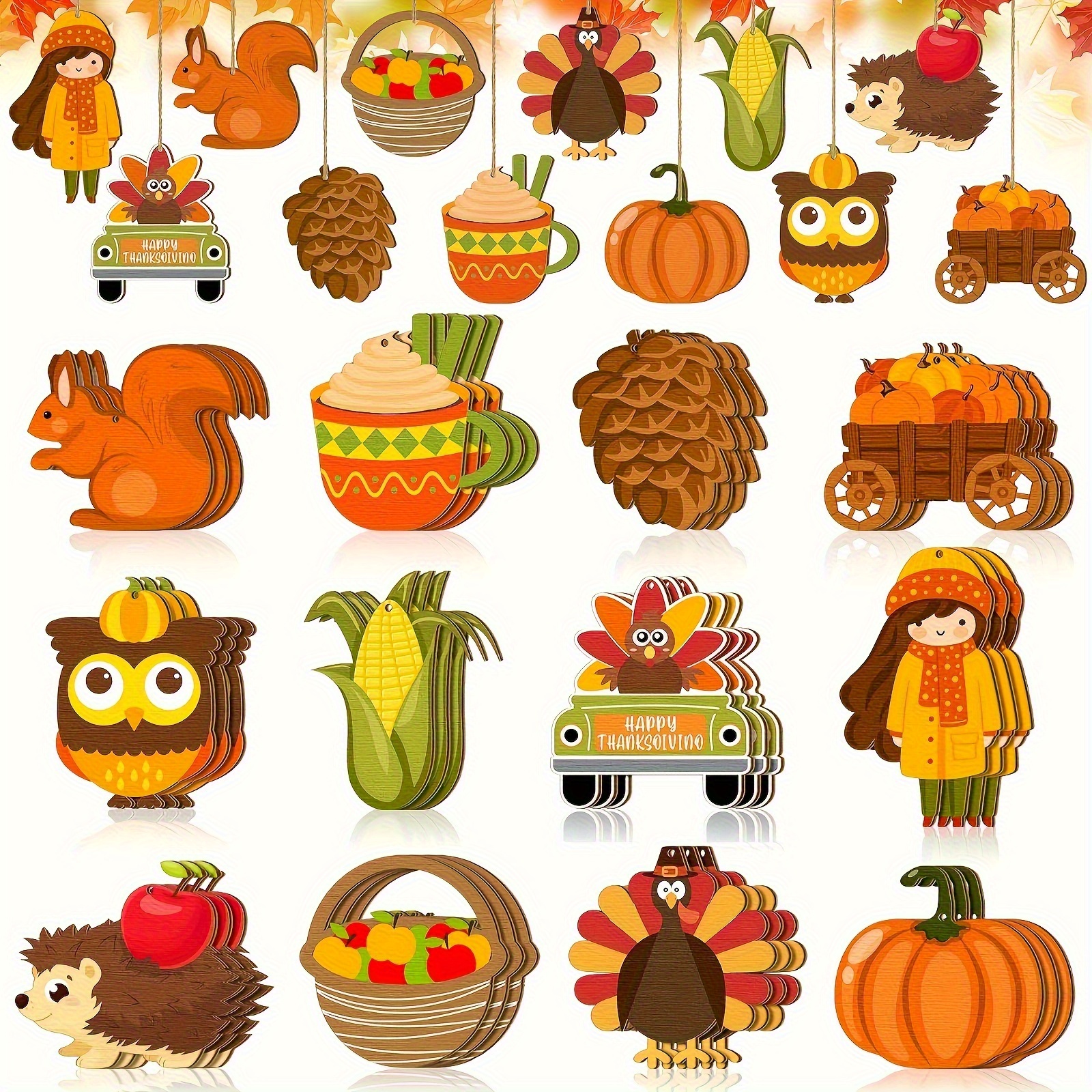 12pcs vintage wooden autumn hanging decorations thanksgiving halloween   pumpkin maple leaf   truck handcrafted hollow wood ornaments suitable for tree decoration
