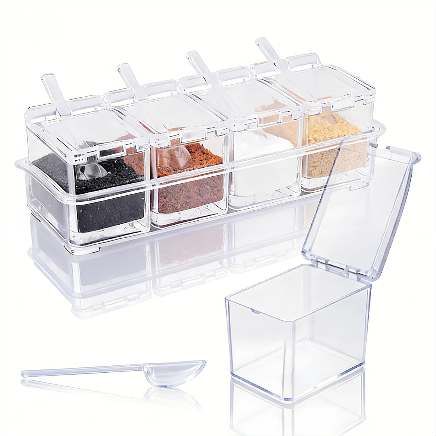 TEMU Lamutt 1/2 Set Acrylic Seasoning Organizer Box 9.8 X 3 X 3in 8 Clear Seasoning Rack Spice Pot Condiment Container With Lid And Spoon Storage