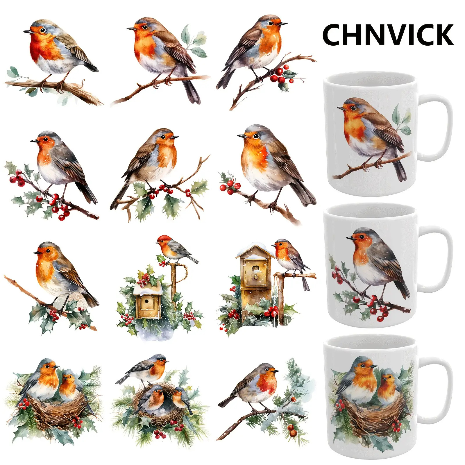 TEMU Bird Stickers, 12 Designs Per Set, Full Set Features Decals Of United Kingdom Red And , Heat-free Transfer, Suitable For Mugs, Glassware,