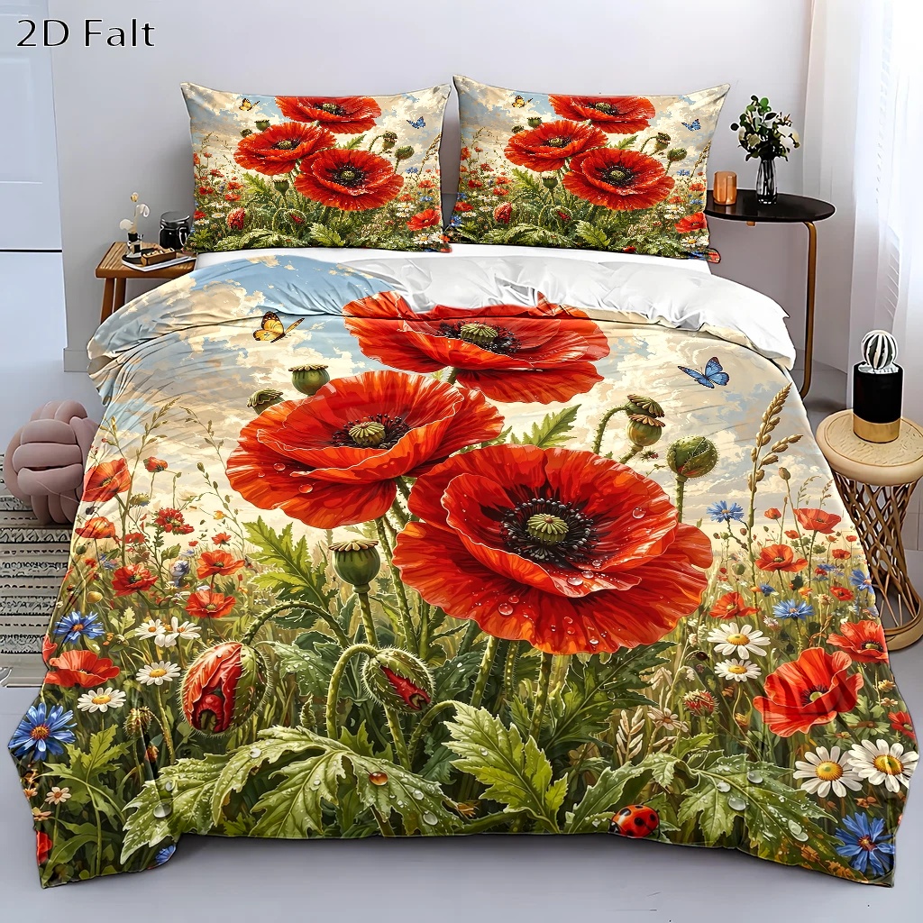 TEMU 3pcsss Pastoral Style Poppy Floral Duvet Cover Set, 3pcsss Bedding (1* Duvet Cover   2* Pillowcases), Suitable For Double Bedspread, Machine