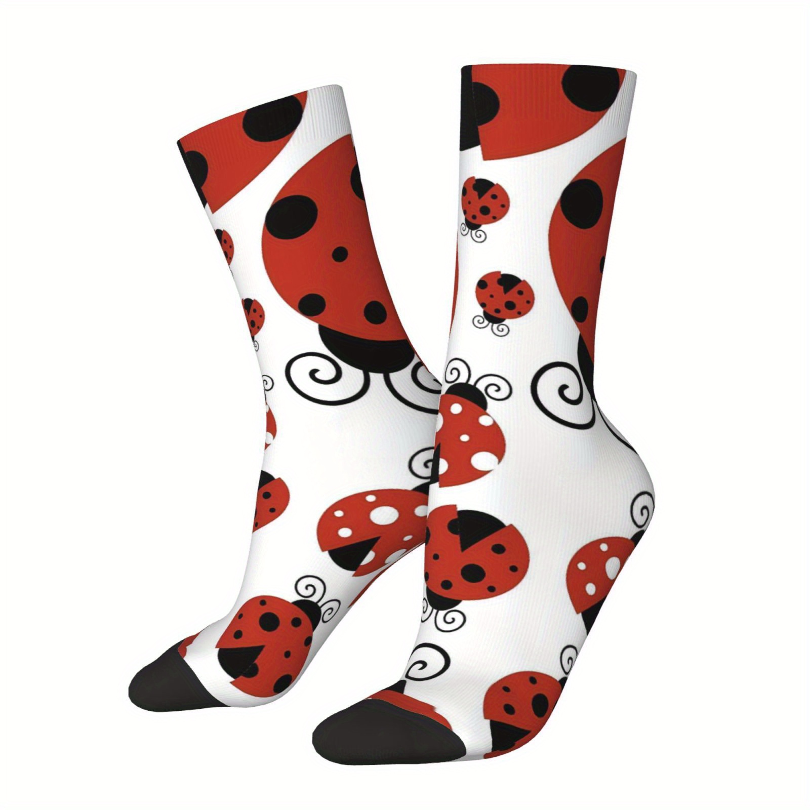 TEMU A Pair Of Unisex Outdoor Socks Featuring A Ladybug Pattern, Mid-calf Length, Machine Washable, Suitable For Outdoor Sports Enthusiasts,