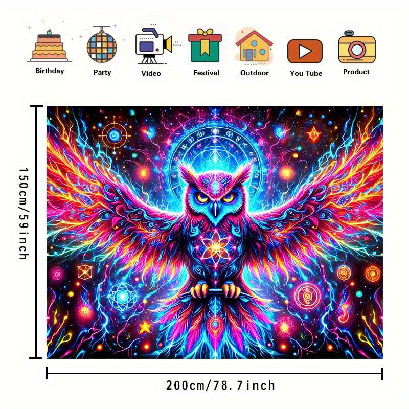 Vibrant 3d Neon Owl Tapestry Psychedelic Wall Hanging For Bedroom_voghion.com