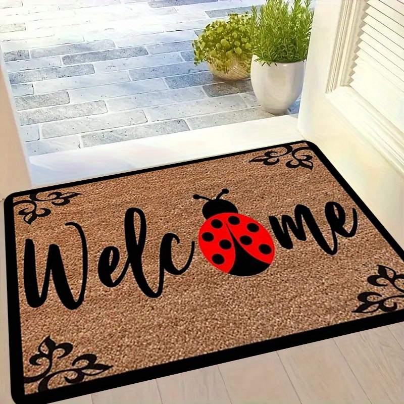 

1pc Welcome Ladybug Print Door Mat, 1.1cm Non-slip Polyester Fiber, Machine Washable, Stain Resistant Entryway Rug For Kitchen, Living Room, Foyer, Balcony, And Home Decor