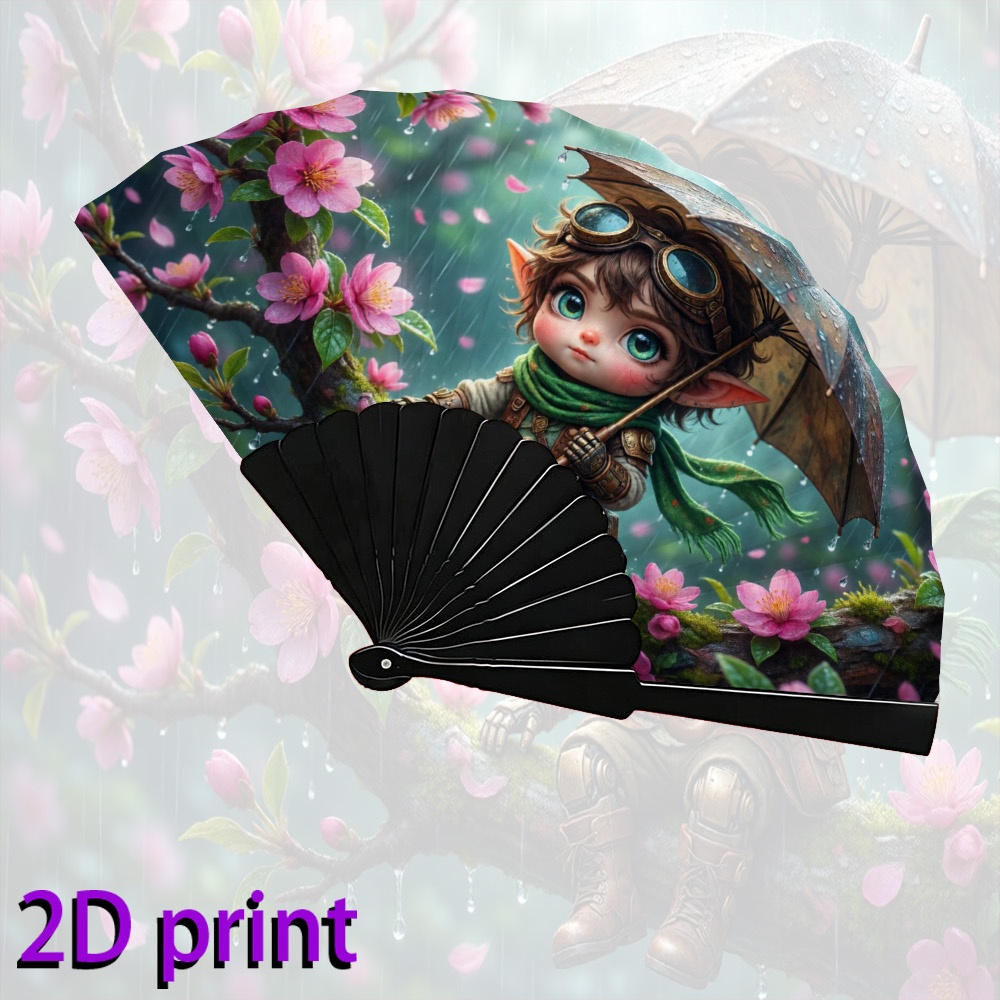 éventail pliant 2d - éventail à main 2d1 rétro avec style mécanique et design    , présentant une   de fleurs et darbres sous  .   un ventilateur de refroidissement portatif, idéal pour les chauds jours dété.