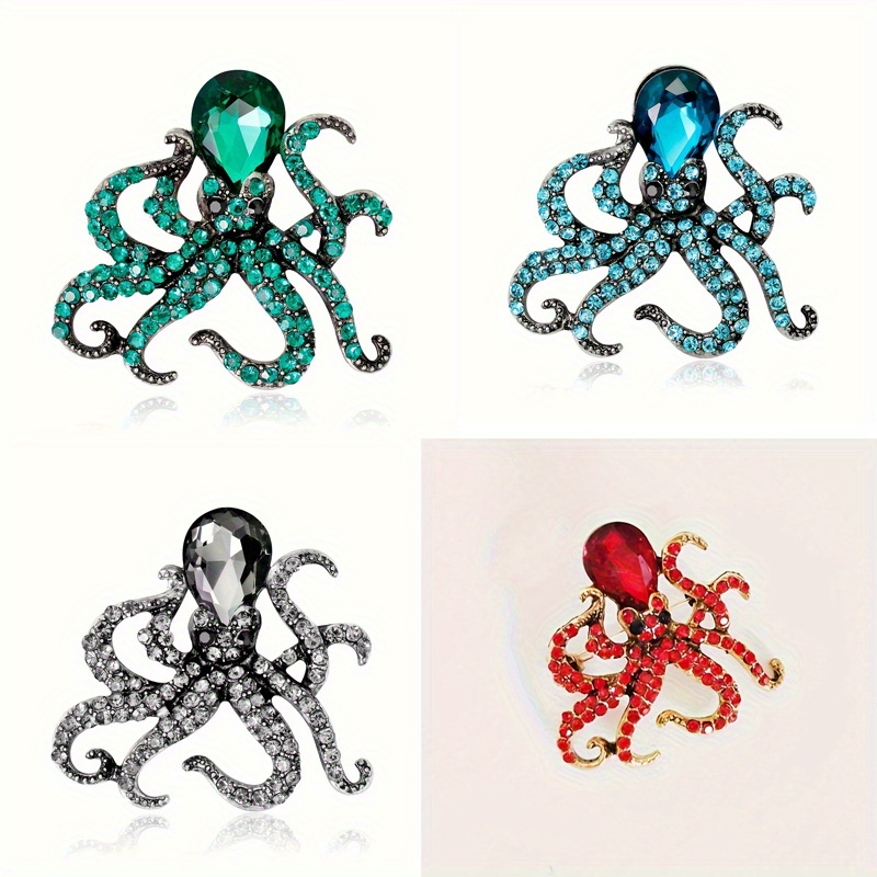TEMU 4pcs Bohemian Octopus Brooch - Sparkling Teal & Black Gemstone, Alloy, Versatile Fashion Accessory For & Parties