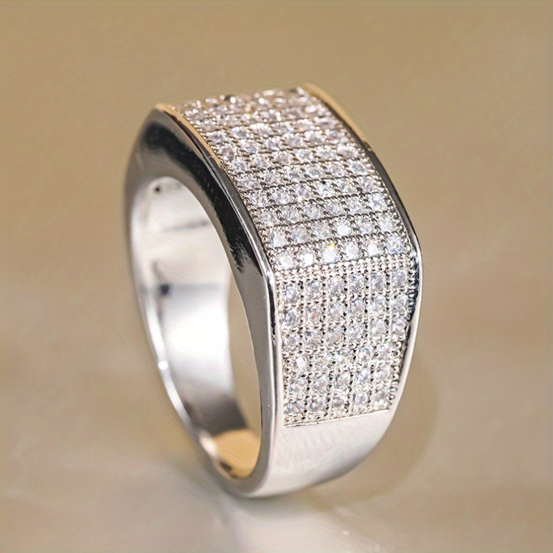 Micro Paved Zirconia Wide Band Ring Silvery Tone