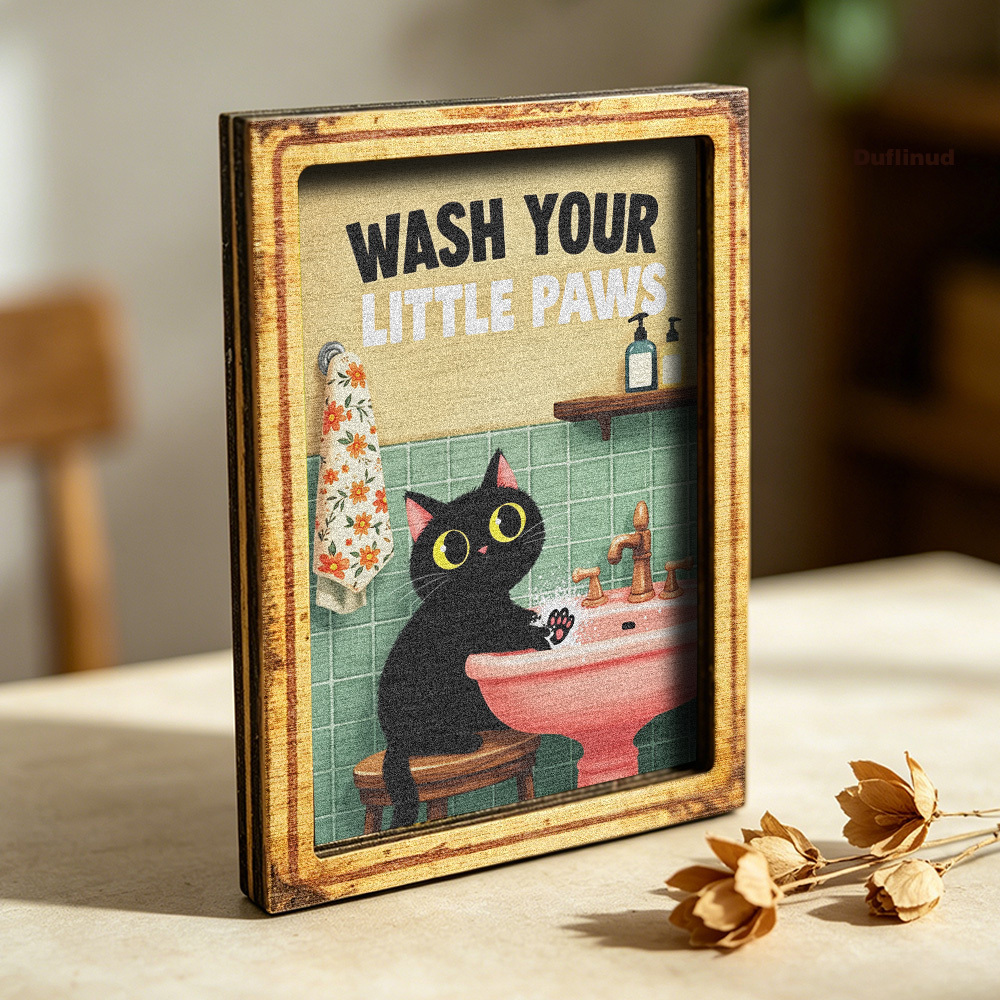 TEMU Cute Black Cat Washing Paws Wooden Refrigerator Magnet, Mini Decorative Sign, Fridge Sticker, Cartoon-style Little Black Cat Design With Pink