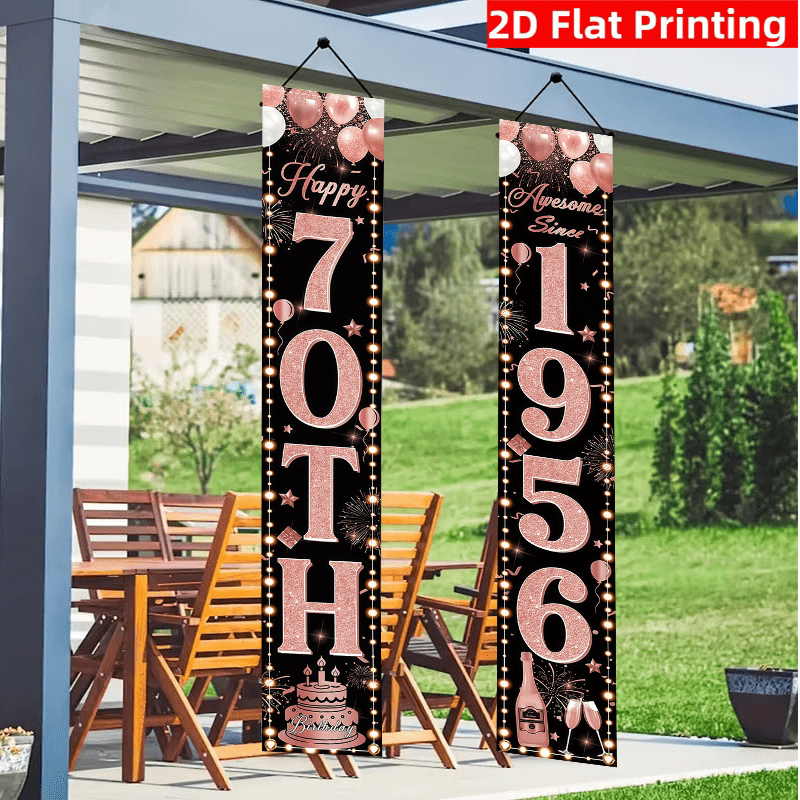 TEMU 2d Flat, 2pcs 70th Birthday Banner For Women - Door Hanging Decoration With "awesome " & " Old" Text - Black & Rose Golden Suitable For Doorway