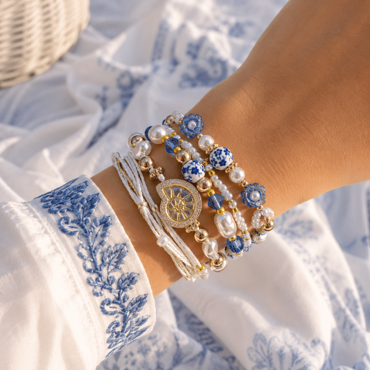 TEMU 5 piezas de cuentas de porcelana bohemias azules y blancas para mujer, flores de perlas de arroz tejidas a , juego de pulseras ajustables de