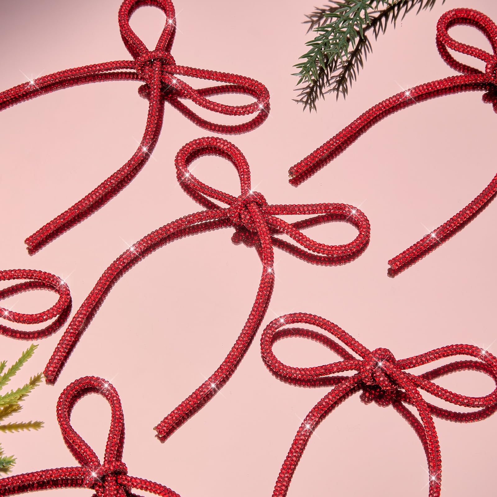 TEMU 6pcs 4.3" X 6" Christmas Tree Decorations Red Bows, Sparkling Rhinestone Bow Decorations, With Grosgrain Ribbon, For Christmas Decor, Wreaths,