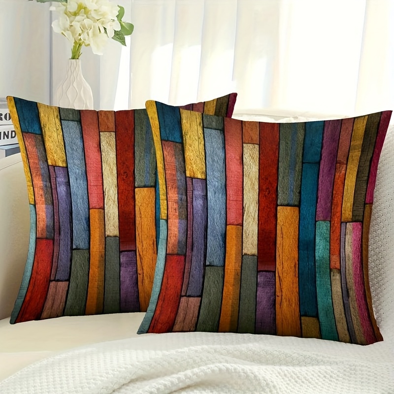 TEMU 2pcs Set 2d Printed Vintage Color-block Wood Grain Single-sided Print Polyester Pillowcases, Sofa Throw Pillow Covers, Covers, Suitable For