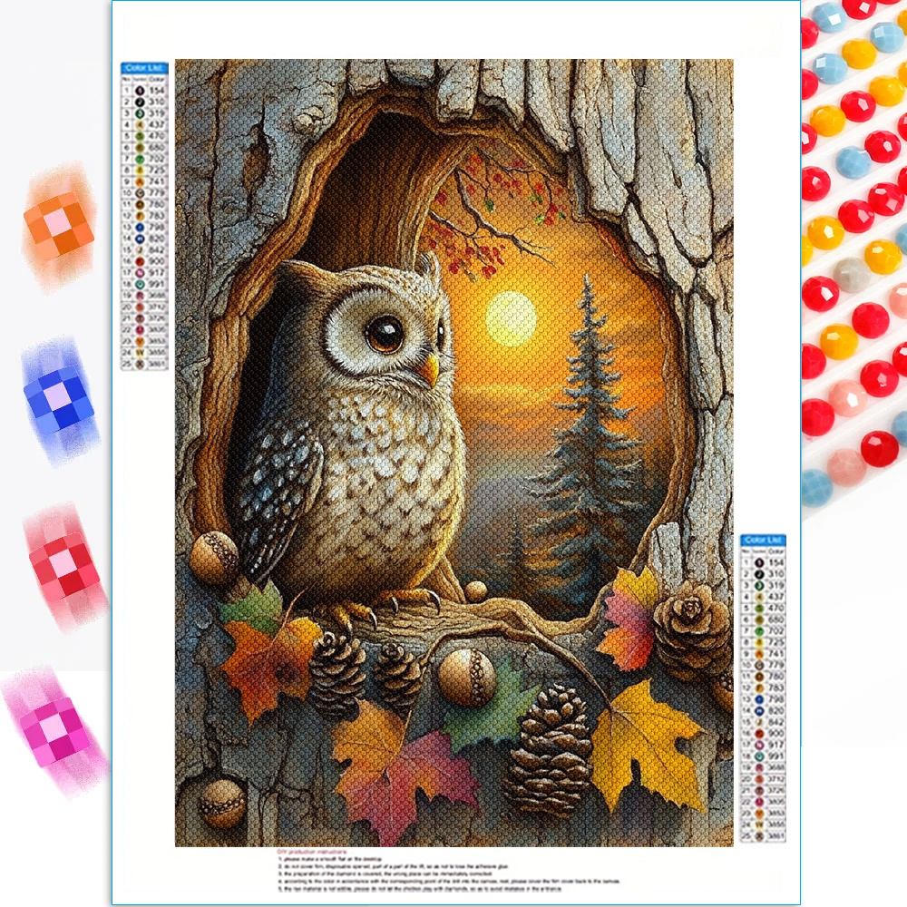 

1pc 5d Round Diamond Painting Kit, 30x40cm, Owl And Autumn Scenery Canvas Art, Mosaic Craft Wall Decor For Living Room Bedroom, Diy Diamond Art For Beginners, Home Wall Hanging Gift