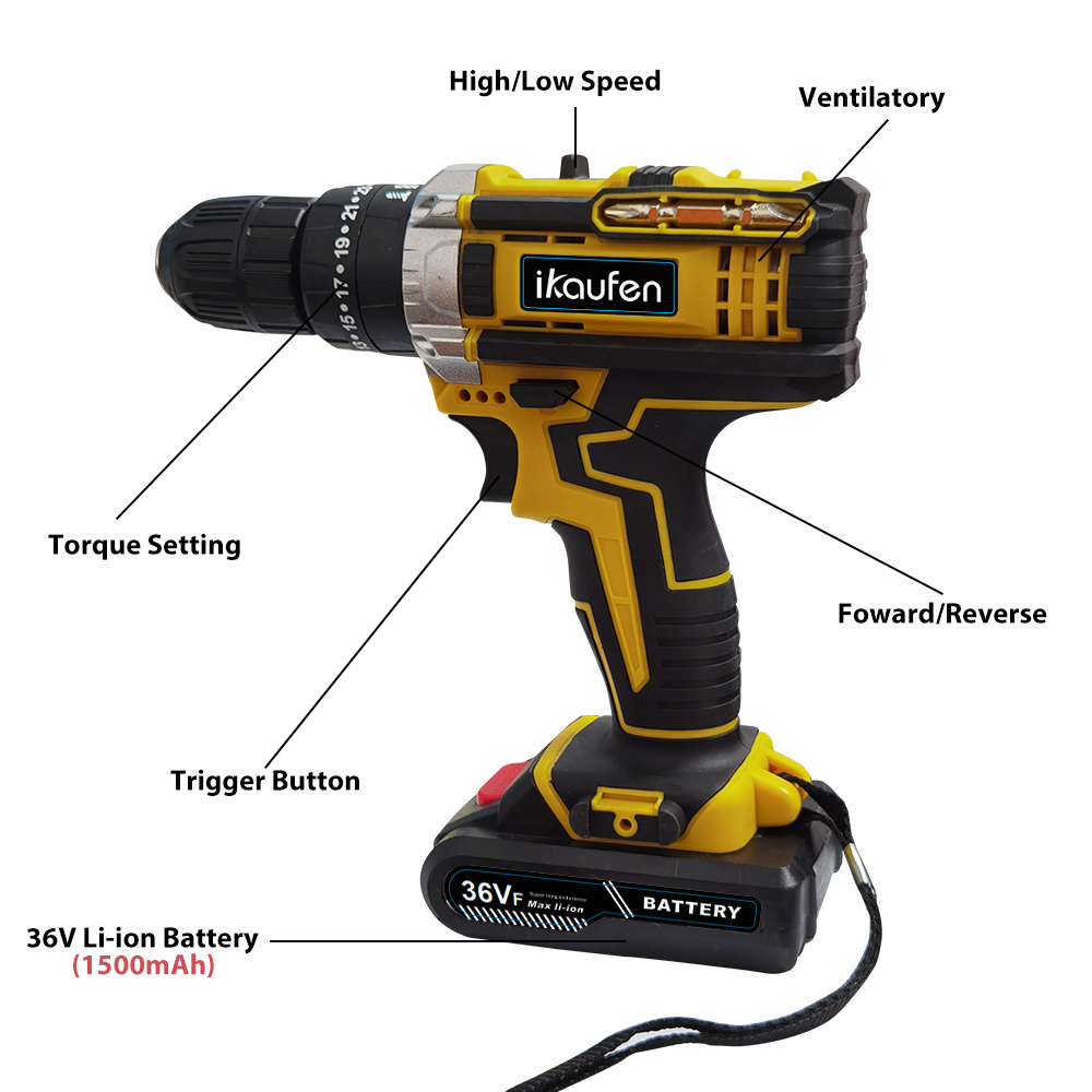 36Vf Cordless Screwdriver Set, Cordless Drill, 38 N. M Max Impact Drill, 2-Speed, Torque On 25 + 1, Cordless Drill With 30pcs Accessories(2x 1500mah Batteries)