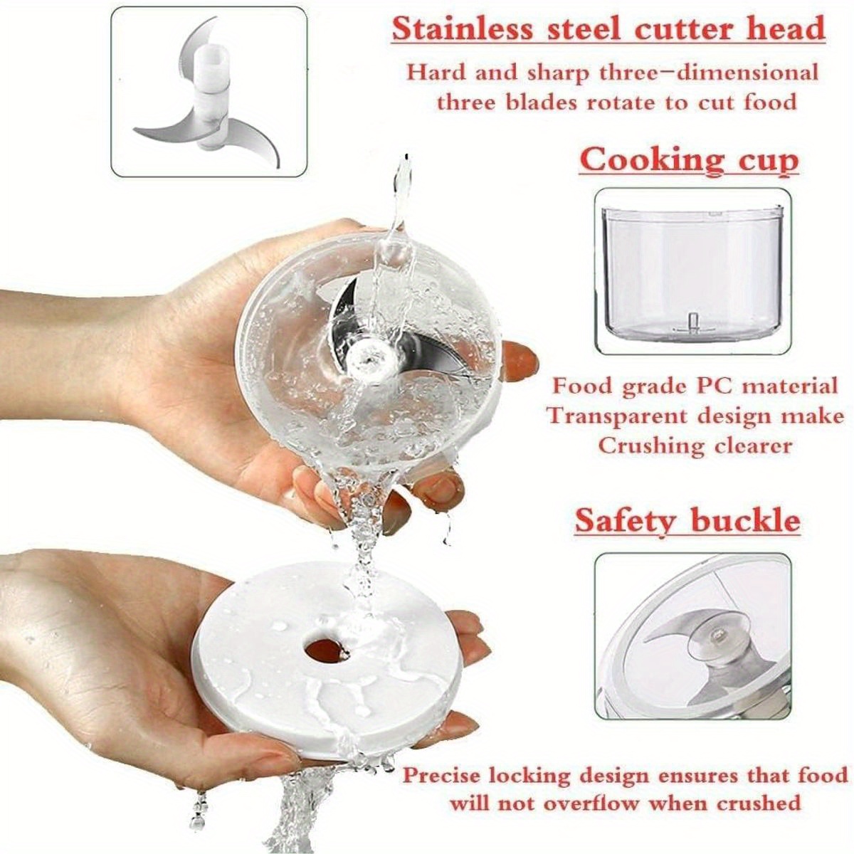 8.45oz electric garlic chopper, compact   chopper, garlic grinder and masher, onion chopper, blender for vegetables, cordless food processor for ginger, chili, fruits, meat, and more. Product details 5