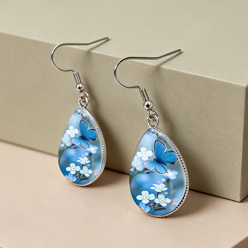 Unisex Blue Butterfly with Forget-Me-Not Tear Drop Earrings