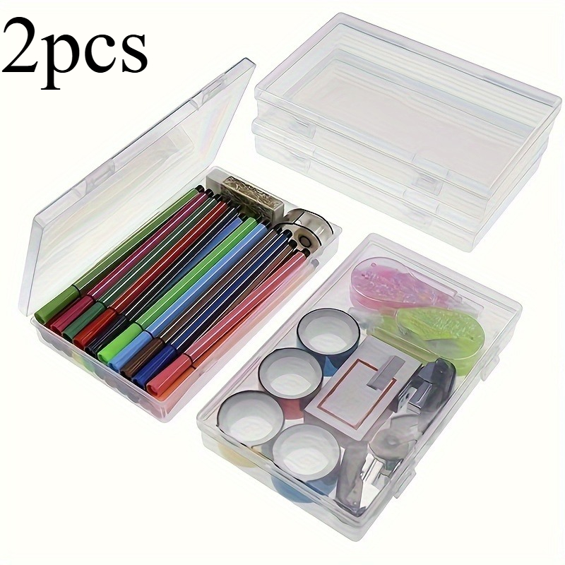 TEMU 2pcs Transparent Stationery Boxes: Rectangular Plastic Clear Organizers For Home And Office Supplies - Back To School Essentials