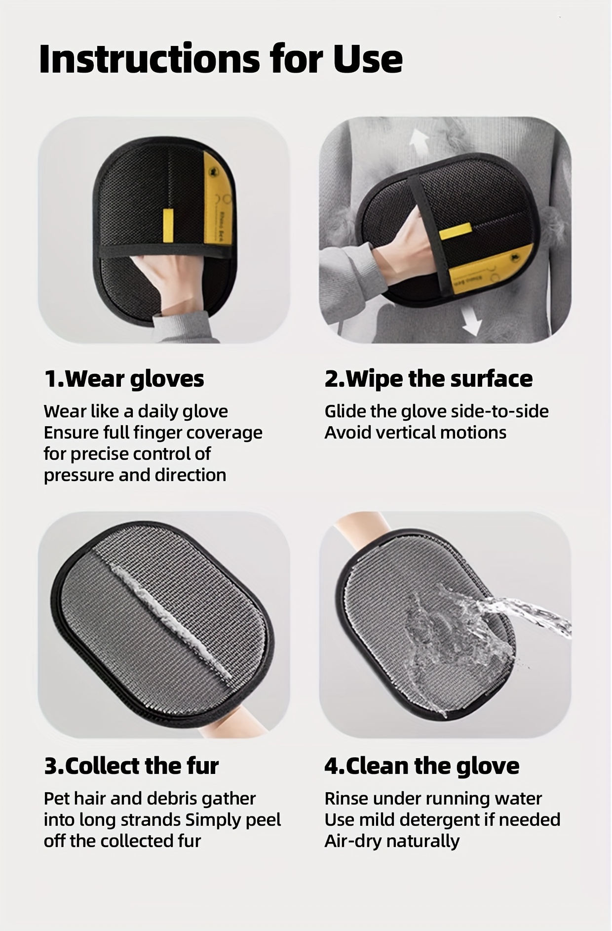   large pet static electricity hair removal glove a black polypropylene cat grooming glove with yellow accents measuring 24 99  98cm this glove   removes pet hair and dander making it an essential tool for cat and dog Product details 11