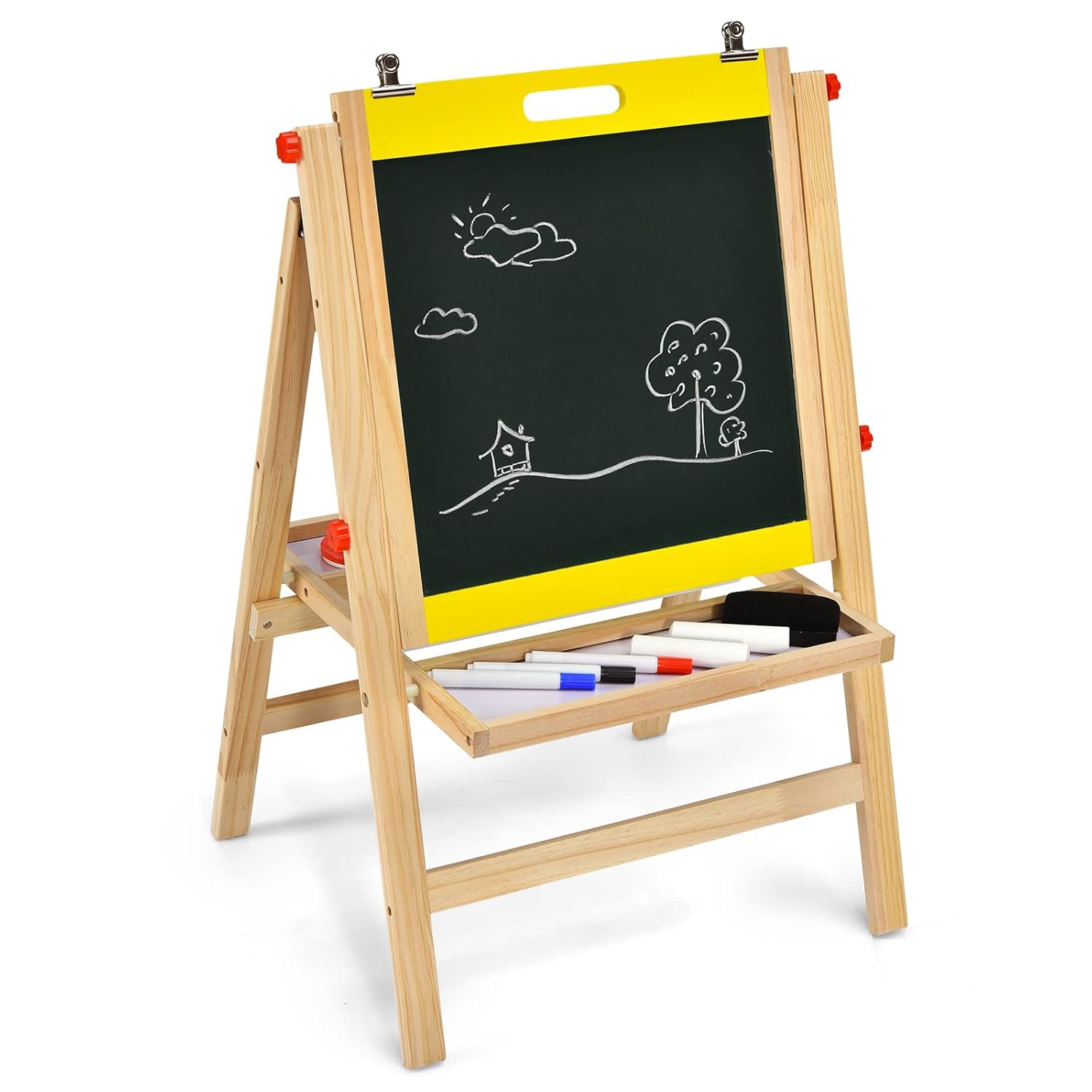 Image of 3-in-1 Foldable Kids Easel, Height Adjustable Wooden Art Easel Suitable For Kids Over, Includes Eraser, 3 Paint Cups