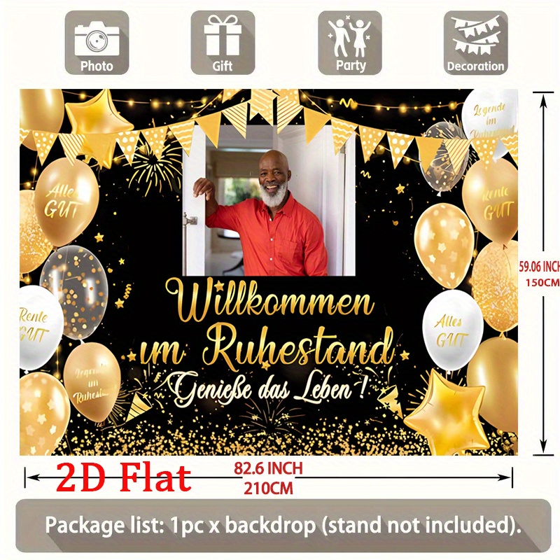 E-shop 2D Flach, [2D Flach Party Banner] 1 Stück Personalisiertes Renten-Banner Individueller Fotohintergrund Goldener Ballon Stern Fröhliche