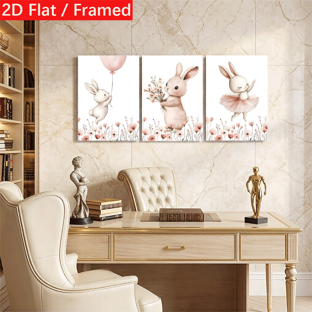3-Panel Framed Canvas Wall Art - Cute Rabbit Nursery Print
