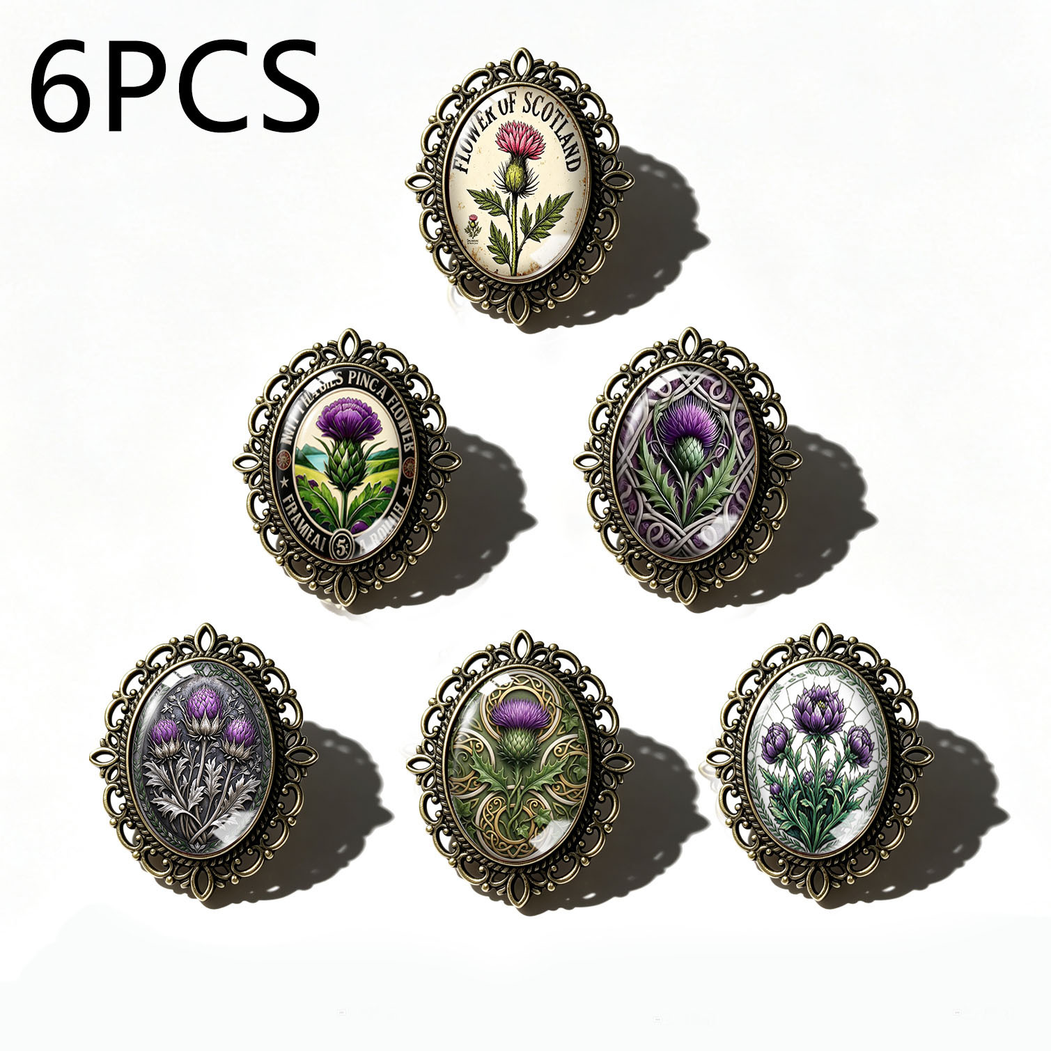 TEMU 6pcs Scottish Thistle Vintage Plant Illustration Celtic Pattern Purple Thistle Art Pattern Brooch Set, European Victorian Classical Retro Style