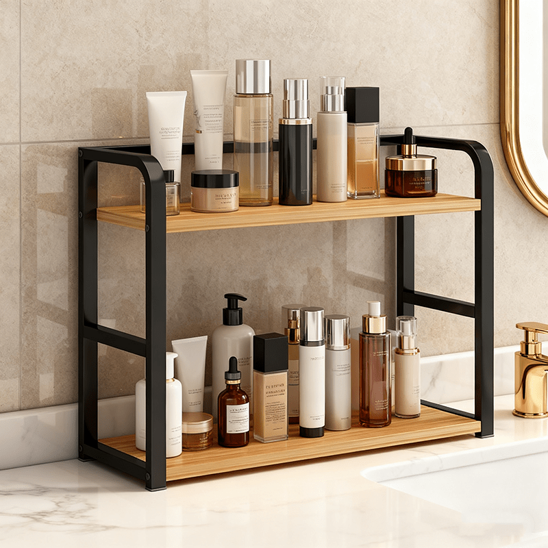 TEMU 2-tier Wood And Metal Countertop Organizer Shelf - Stylish Desktop Storage For Books, Spices, And Decor, Perfect For Kitchen Or Home