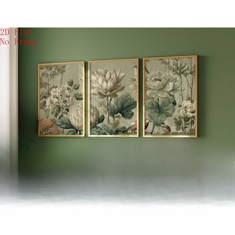 TEMU 2d Flat, 2d Flat, 2d Flat 3-panel Green Decor Paintings, Wall Art Canvas Prints, Living Room Home Decor, Frameless