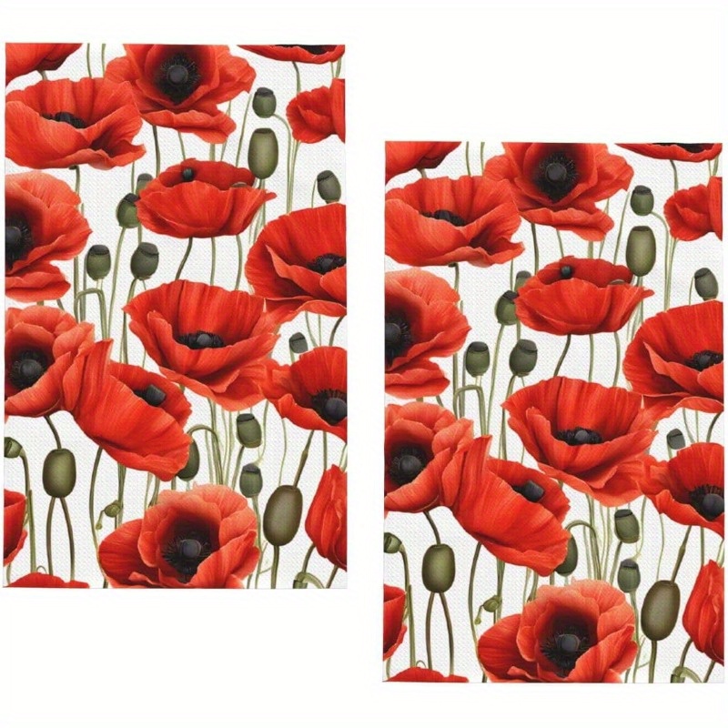 

2-pack 18x26inch Red Poppy Printed Waffle Kitchen Towels, Soft Absorbent Quick-dry Dish/hand/cleaning Cloth, Modern Polyester Tea Towels For Coffee Bar Home Decor, Machine Washable, Rectangular Shape