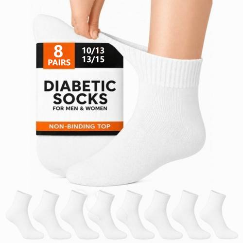 item picture socks suitable for men and women 8 pairs per pack sizes 9 11 10 13 13 15 breathable loose non restrictive extra wide white and gray moisture wicking socks