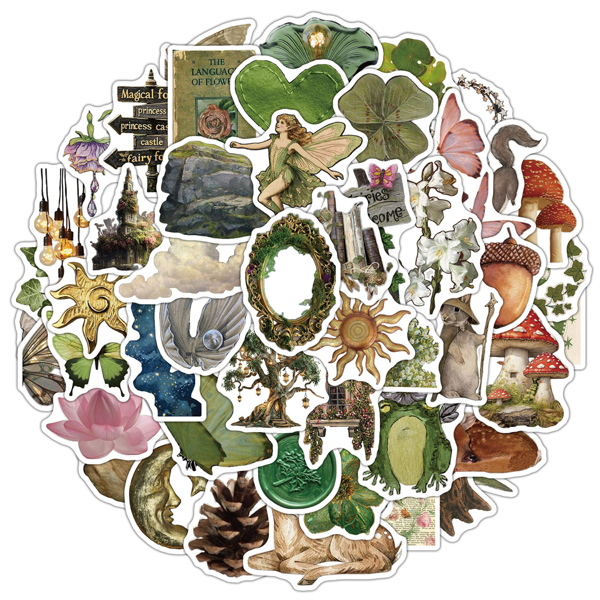 TEMU 50 adesivi da foresta fatata, stile vintage, con animali, funghi e fiori, per journaling, scrapbooking, planner e lavoretti creativi