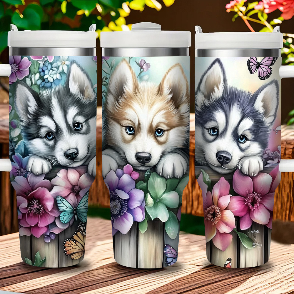 

1pc 40oz Husky Dog Stainless Steel With Straw, Vacuum Insulated Travel Mug For Coffee, Tea, Cold Drinks - , Portable, Cute