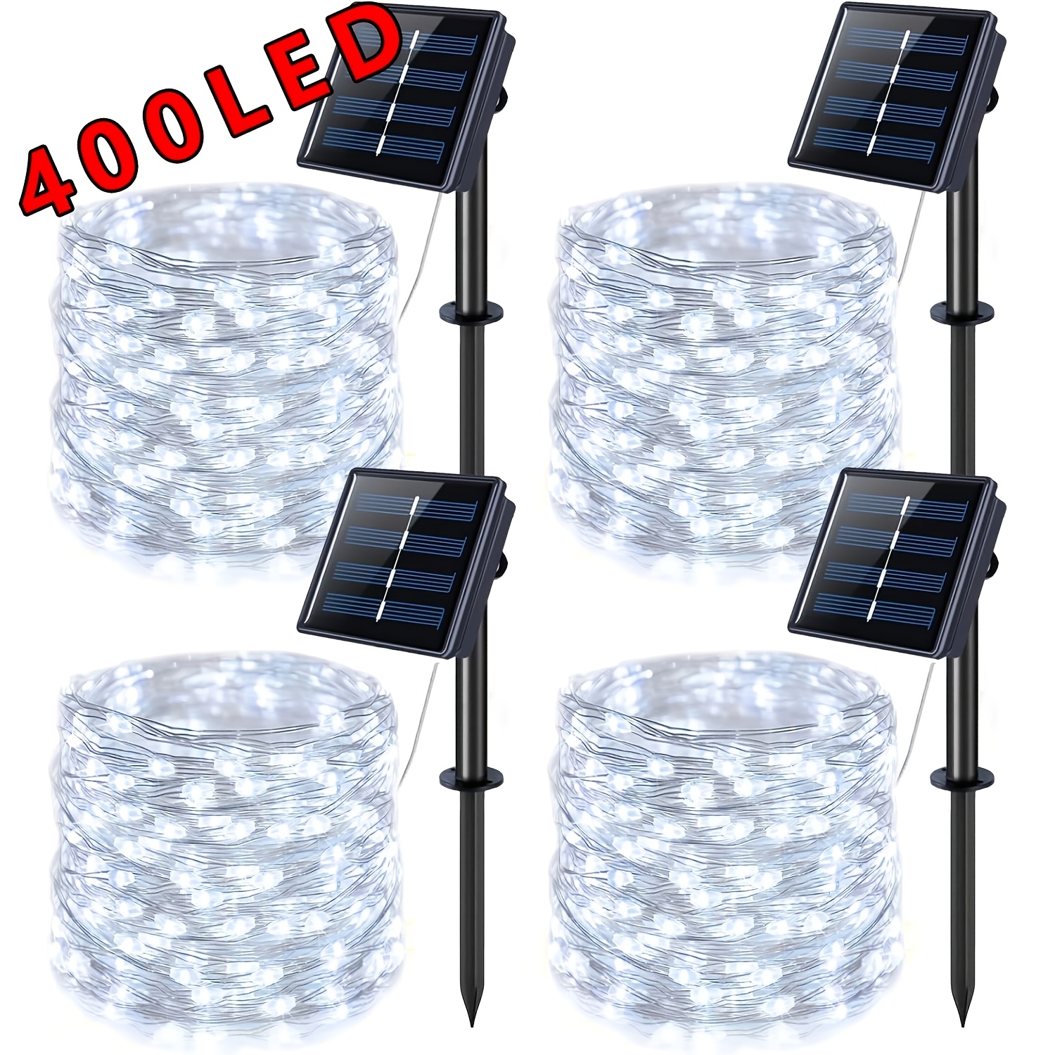 TEMU 4pcs Set Of Solar Fairy Lights, 132 Feet, 400 Led Outdoor Flashing Lights, 8 , Waterproof Silver Wire String Lights, Suitable For Garden, Patio,